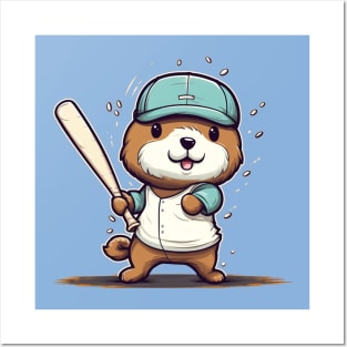 Cute Sea Otter playing baseball Posters and Art